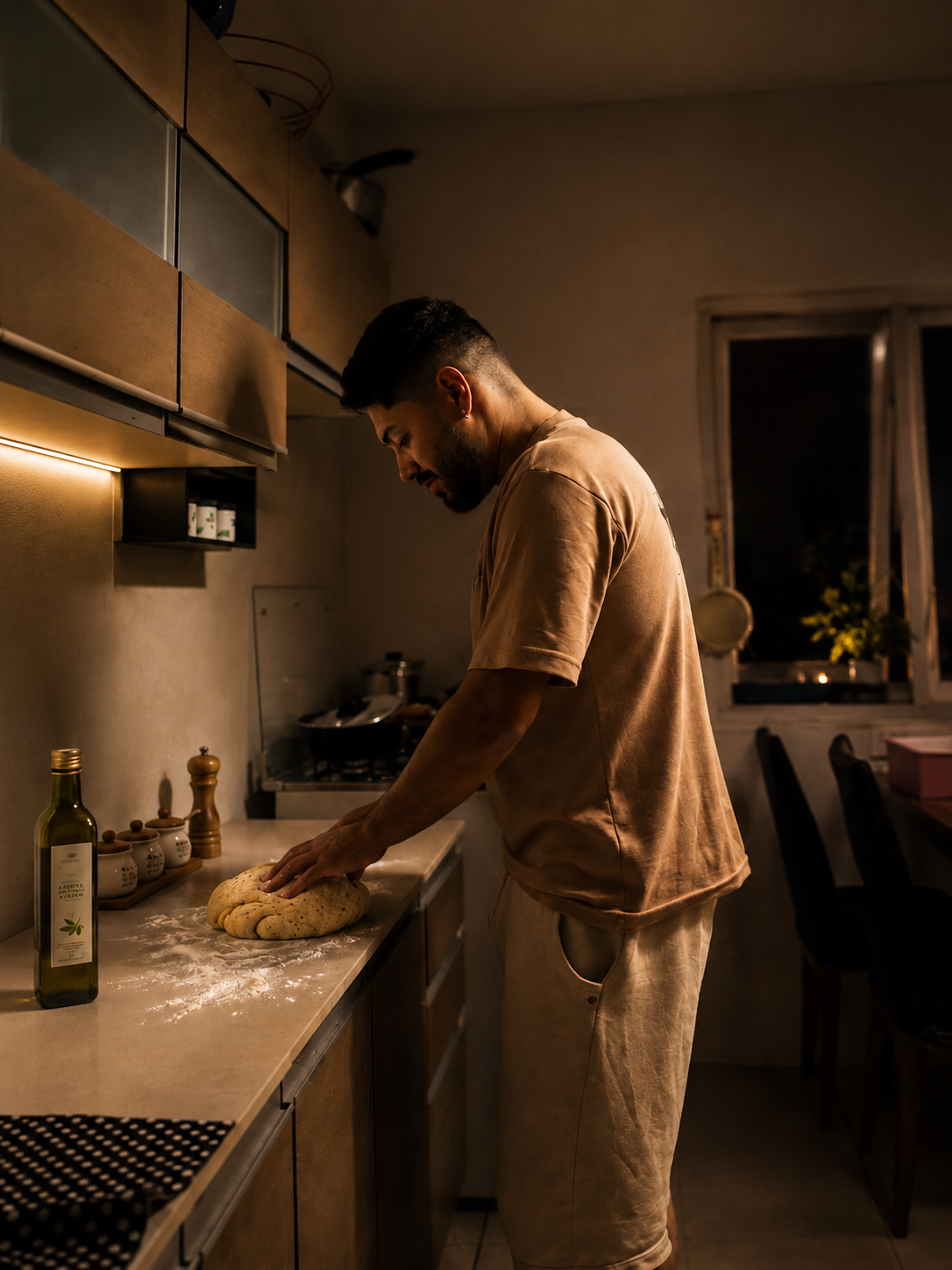 Everton concentrado na preparação de um prato em uma cozinha residencial